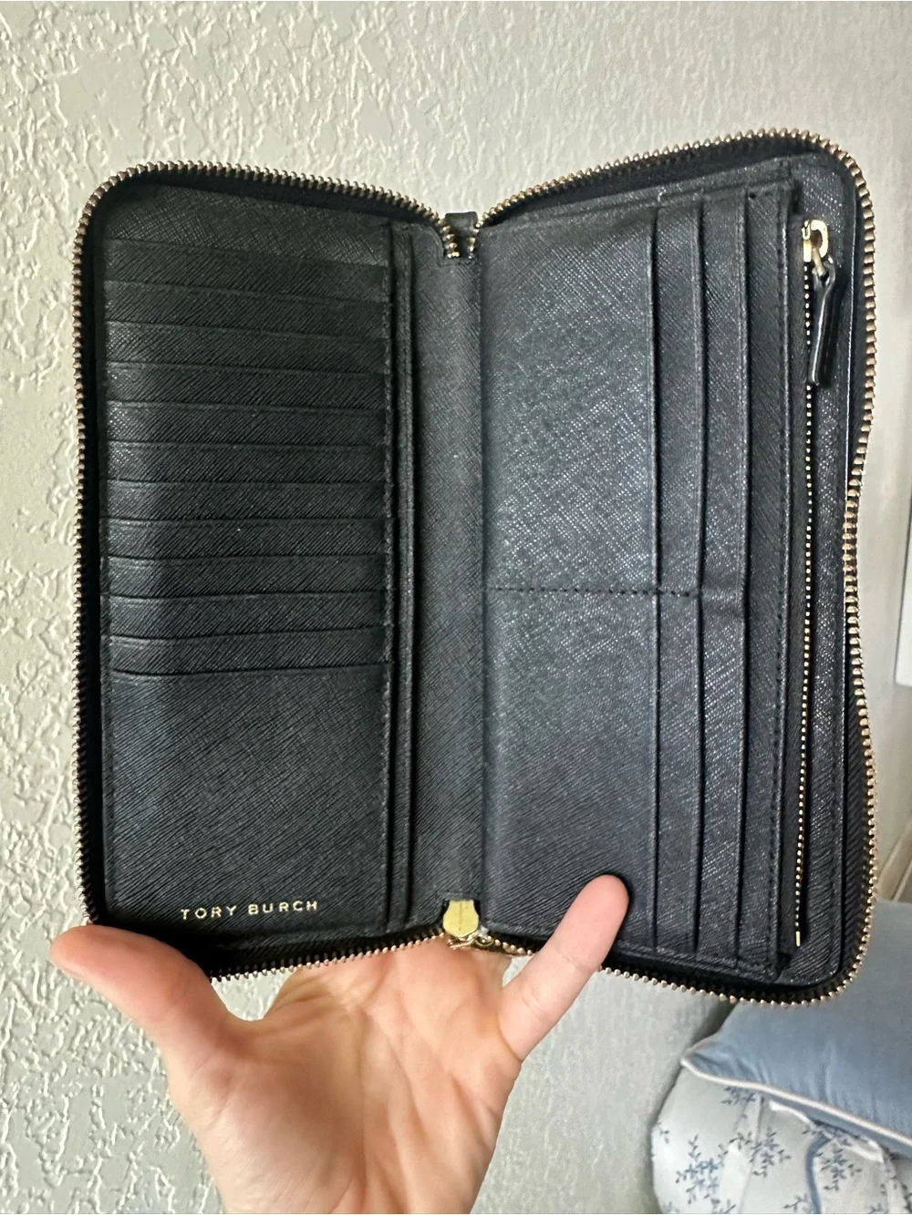 Tory Burch Black Leather Zip Wallet with Gold Logo